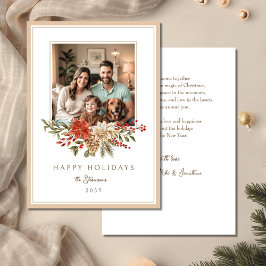 Cartão De Festividades Elegant Beige Happy Holidays Poinsettia Photo
