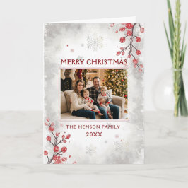 Cartão De Festividades Elegant Berries Snowflakes Family Photo Christmas 