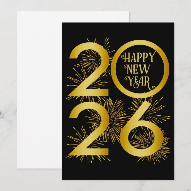 Cartão De Festividades Elegant Black and Gold 2026 New Year Greeting (Frente/Verso)