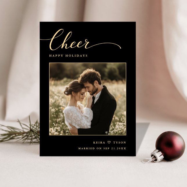 Cartão De Festividades Elegant Black and Gold Cheer Photo Newlywed (Criador carregado)