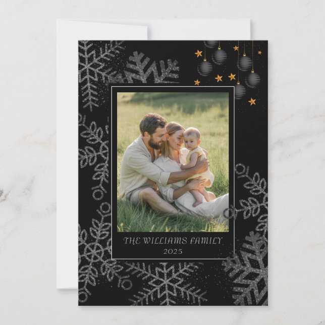 Cartão De Festividades Elegant Black Christmas Greenery Wreath 4 Photo Ho (Frente)