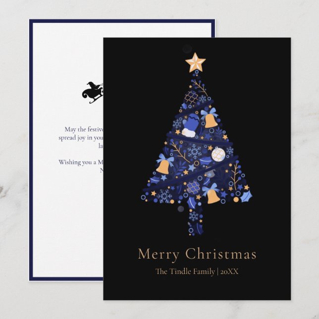 Cartão De Festividades Elegant Black Gold Blue Script Christmas Tree (Frente/Verso)