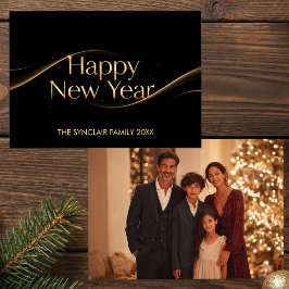 Cartão De Festividades Elegant Black Gold Happy New Year Family Photo Hol