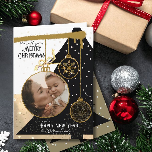 Cartão De Festividades Elegant Black & Gold Photo Ornament Christmas Card (Elegant Black & Gold Photo Ornament Christmas Card)