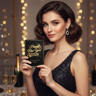 Cartão De Festividades Elegant Black & Gold Sparkle Happy New Year 2026