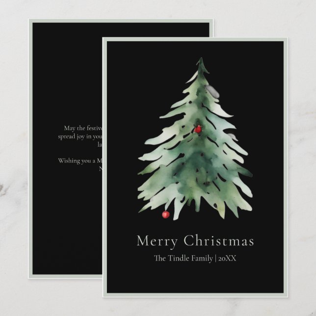 Cartão De Festividades Elegant Black Green Watercolor Christmas Tree (Frente/Verso)