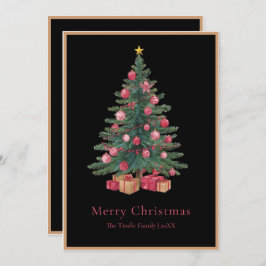 Cartão De Festividades Elegant Black Pink Watercolor Christmas Tree