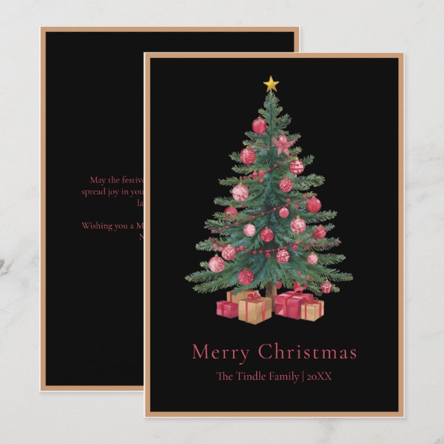 Cartão De Festividades Elegant Black Pink Watercolor Christmas Tree (Frente/Verso)