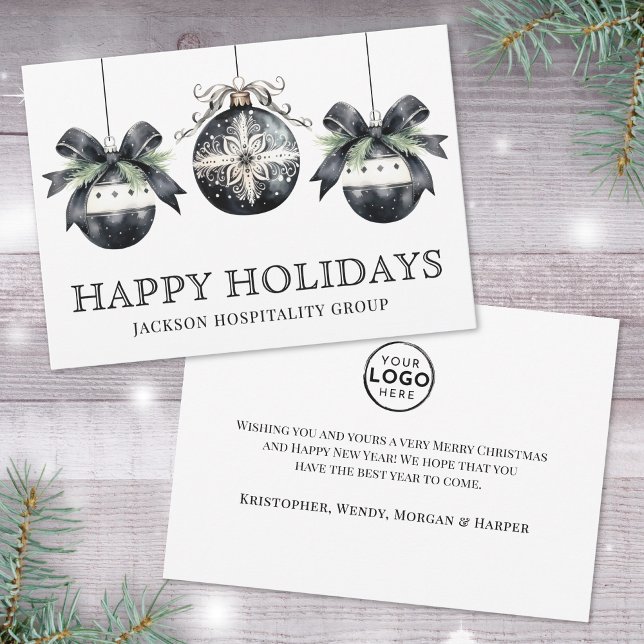 Cartão De Festividades Elegant Black White Business Logo Christmas (Elegant Black White Business Logo Christmas Holiday Card)