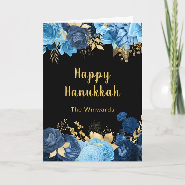 Cartão De Festividades Elegant Blue and Gold Flowers Hanukkah Party (Frente)