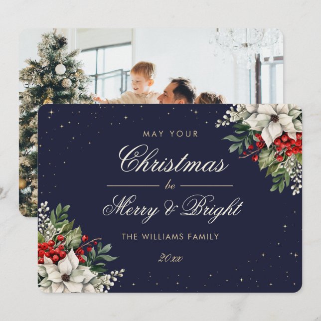Cartão De Festividades Elegant Blue Botanical Photo Christmas (Frente/Verso)