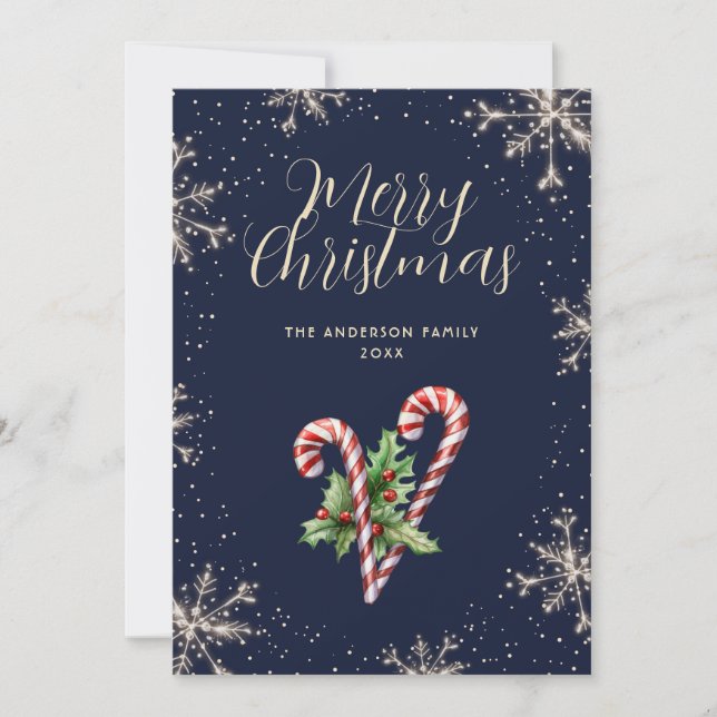 Cartão De Festividades Elegant Blue Candy Canes Snowflakes Christmas Card (Frente)