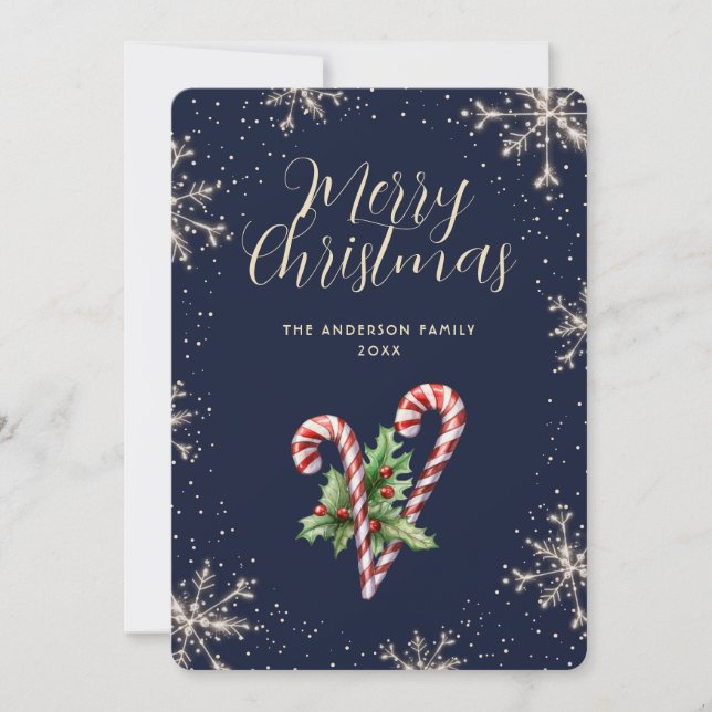 Cartão De Festividades Elegant Blue Candy Canes Snowflakes Christmas Card (Frente)