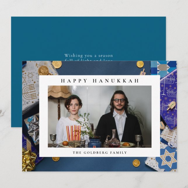 Cartão De Festividades Elegant Blue Happy Hanukkah Family 1 Photo (Frente/Verso)