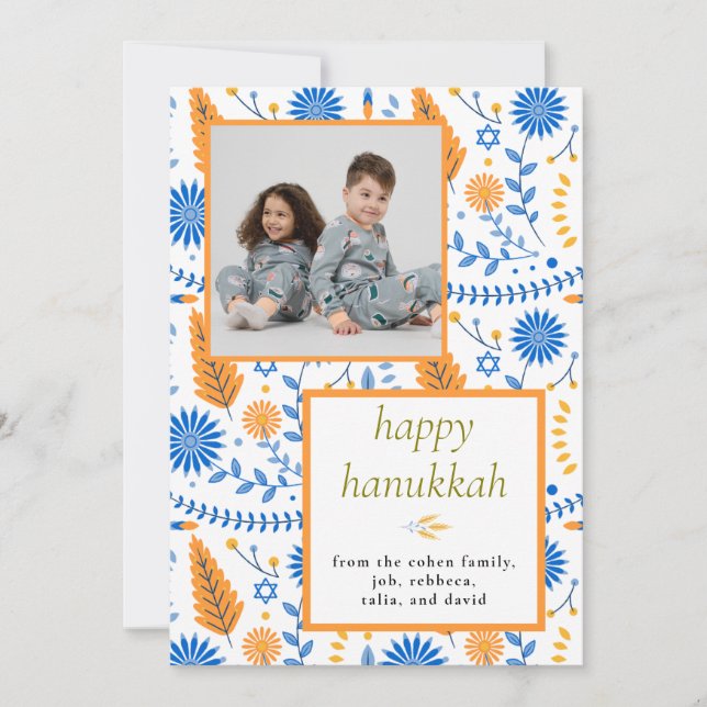 Cartão De Festividades Elegant blue Happy Hanukkah Family 1 Photo (Frente)