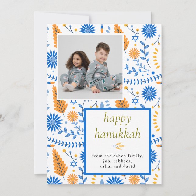 Cartão De Festividades Elegant blue Happy Hanukkah Family 1 Photo (Frente)