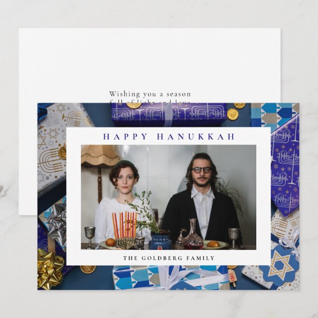 Cartão De Festividades Elegant Blue Happy Hanukkah Family 1 Photo (Frente/Verso)