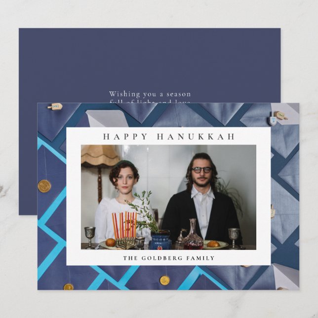 Cartão De Festividades Elegant Blue Happy Hanukkah Family 1 Photo (Frente/Verso)