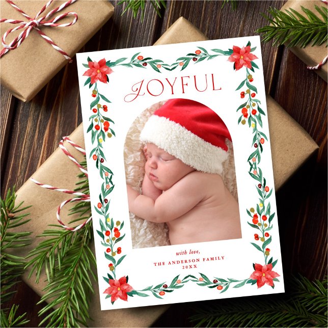 Cartão De Festividades Elegant Botanical Greenery Poinsettia Frame Photo (Criador carregado)