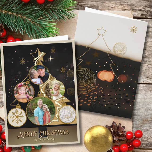 Cartão De Festividades Elegant Charcoal & Gold Star 4-Photo Christmas (Elegant Charcoal & Gold Star 4-Photo Christmas Holiday Card)
