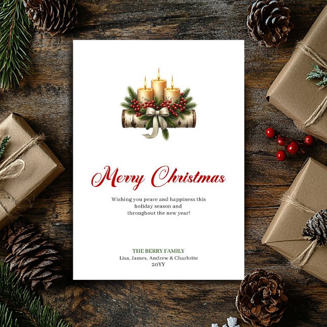 Cartão De Festividades Elegant Christmas candles pine holly design card (Elegant Christmas candles pine holly design card)