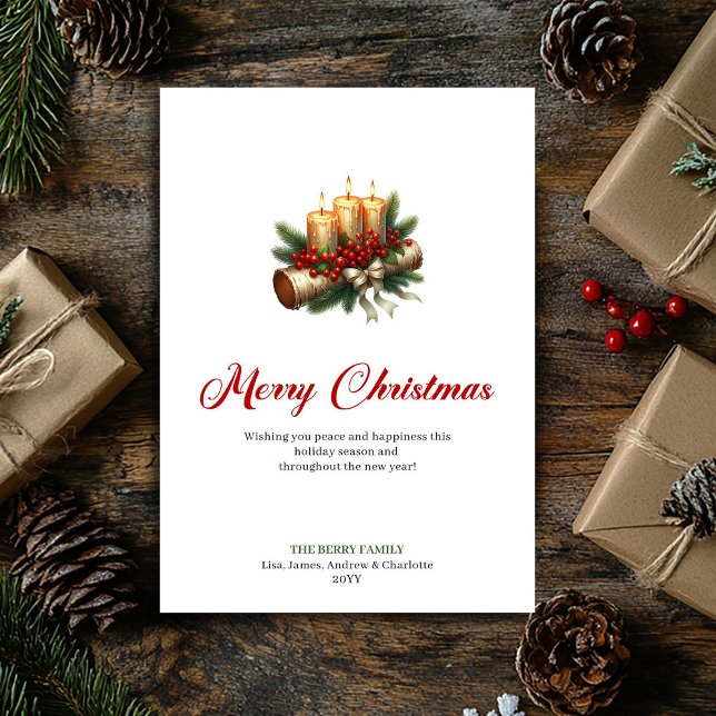 Cartão De Festividades Elegant Christmas candles rustic wooden log card (Elegant Christmas candles rustic wooden log card)