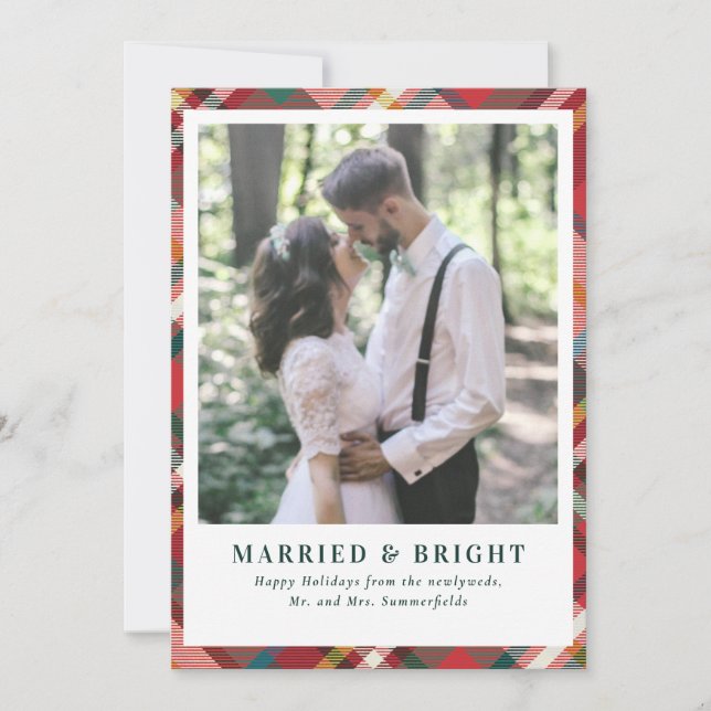 Cartão De Festividades Elegant Christmas Plaid Married and Bright Photo (Frente)
