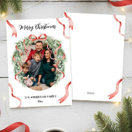 Cartão De Festividades Elegant Christmas Wreath Bow Family Photo Custom