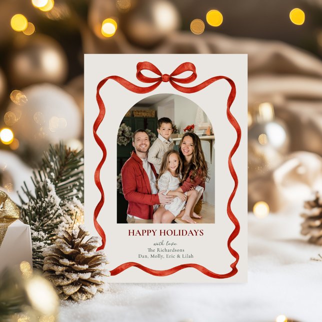 Cartão De Festividades Elegant Classic Red Ribbon Holiday Photo Card (Criador carregado)