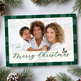 Cartão De Festividades Elegant Dark Green Plaid Merry Christmas Photo