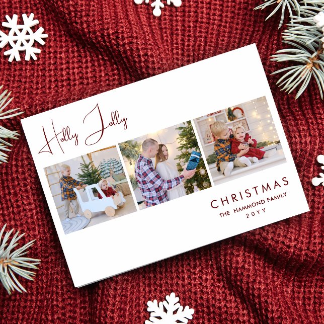 Cartão De Festividades Elegant Dark Red Holly Jolly Quote 3 Multi Photos  (Exquisite and Elegant Dark Red Holly Jolly Quote 3 Multi Photos Collage Holiday Card with Envelope. )