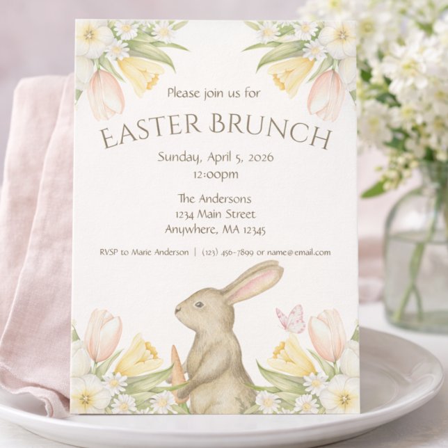 Cartão De Festividades Elegant Floral Easter Bunny Easter Brunch Invite (Criador carregado)