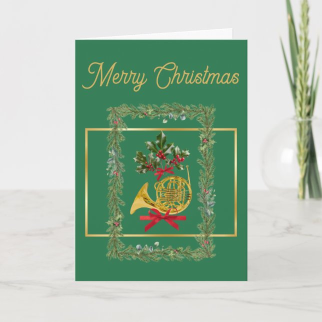 Cartão De Festividades Elegant French Horn Christmas Green (Frente)