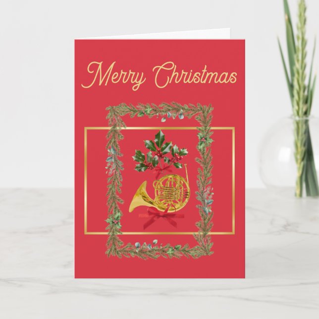 Cartão De Festividades Elegant French Horn Christmas Red (Frente)