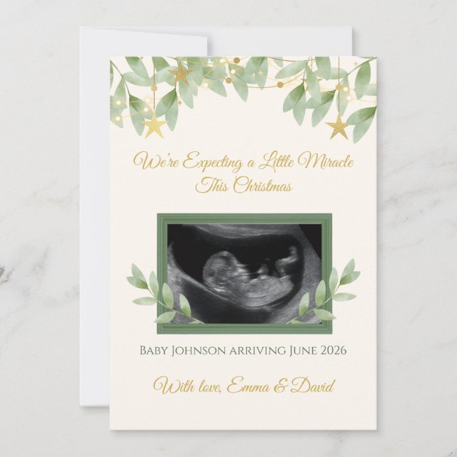 Cartão De Festividades Elegant Gold Greenery Christmas Baby Announcement  (Frente)