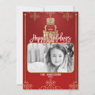 Cartão De Festividades Elegant Gold & Red Nutcracker Holiday Photo Card