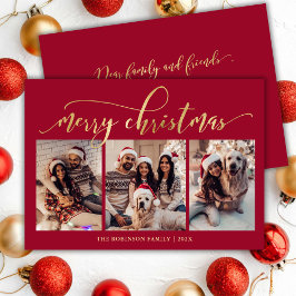 Cartão De Festividades Elegant Gold Script 3 Photo Collage Red Christmas