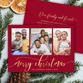 Cartão De Festividades Elegant Gold Script Red 3 Photo Collage Christmas