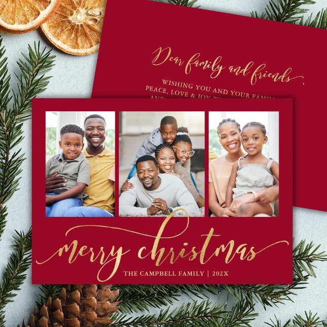 Cartão De Festividades Elegant Gold Script Red 3 Photo Collage Christmas (Criador carregado)