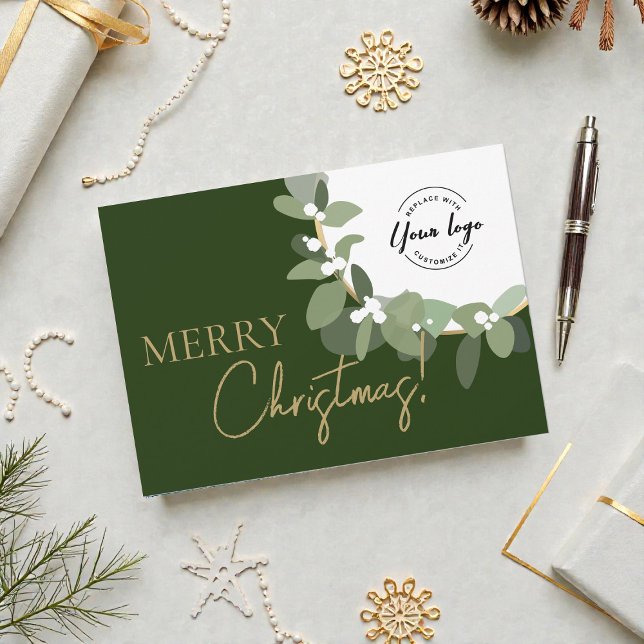 Cartão De Festividades Elegant Green gold Merry Christmas Company Logo  (Modern, professional Green gold with Custom Logo Business Christmas corporate card.)