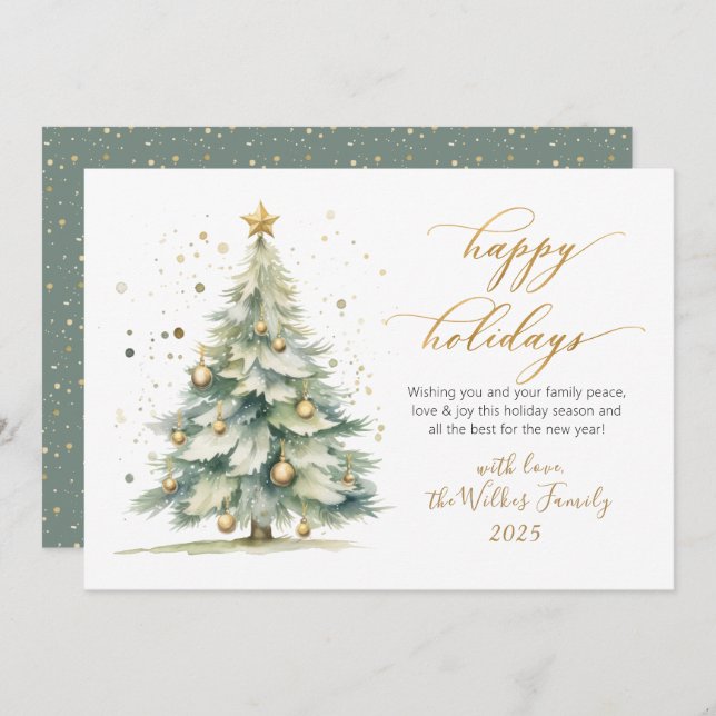 Cartão De Festividades Elegant Happy Holidays Gold Script Christmas Tree (Frente/Verso)