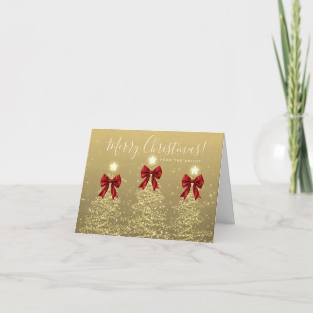 Cartão De Festividades Elegant Holiday Gold Christmas Trees Greeting Red  (Frente)