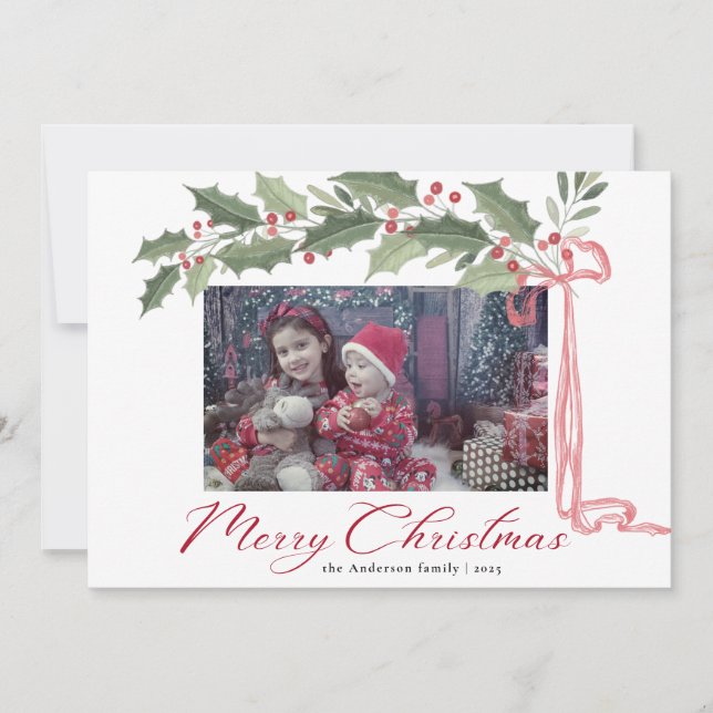 Cartão De Festividades Elegant Holly Berries Foliage | Photo Christmas (Frente)