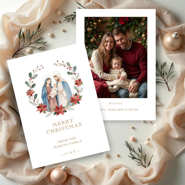 Cartão De Festividades Elegant Holy Nativity Family Christmas Photo  (Elegant Holy Nativity Family Christmas Holidays Cards with Back Family Photo.)