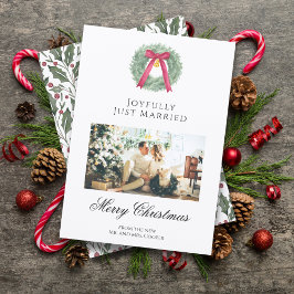 Cartão De Festividades Elegant Just Married Newlywed Christmas Photo Card