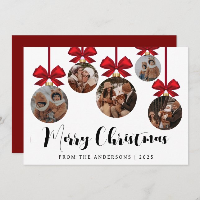 Cartão De Festividades Elegant Modern Christmas Family 5 Ornament Photo (Frente/Verso)