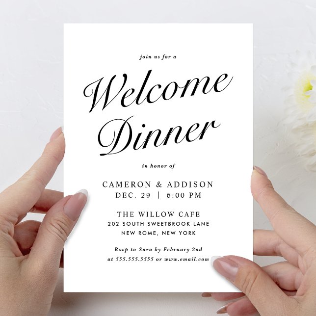 Cartão De Festividades Elegant Modern Script Black + White Welcome Dinner (Elegant Modern Script Black + White Welcome Dinner Wedding Invitation Card)