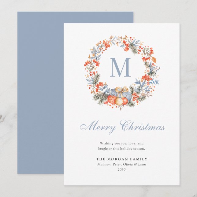 Cartão De Festividades Elegant Monogram Wreath Dusty Blue Modern (Frente/Verso)
