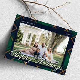 Cartão De Festividades Elegant Navy Green Plaid Happy Holidays