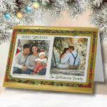 Cartão De Festividades Elegant Photo Collage Gold Red Green Name<br><div class="desc">From the Charm Design Studio, a unique and wonderful Christmas frame for family photos on your special Christmas Card. The frame combines gold; green leaves and red -- with a touch of glitter -- to set it off. Room for two photos and several options for personalizing the card. If you'd...</div>